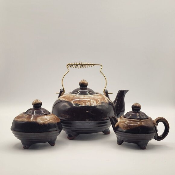 Vintage Redware Drip Glaze Teapot Creamer Sugar Set Wire Handle Ceramic Japan - Picture 3 of 11